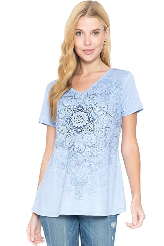 LEEBE Women and Plus Size Short Sleeve Printed Swing Tunic Top (Small-5X) - color: 25blue Medallion / Lt Blue, size: Small
