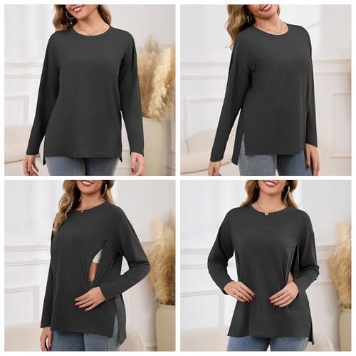 Women's Nursing Shirts Long Sleeve with Hidden Zipper Oversized Breastfeeding Tops Side Split Maternity Blouse - color: Charcoal Gray, size: X-Large