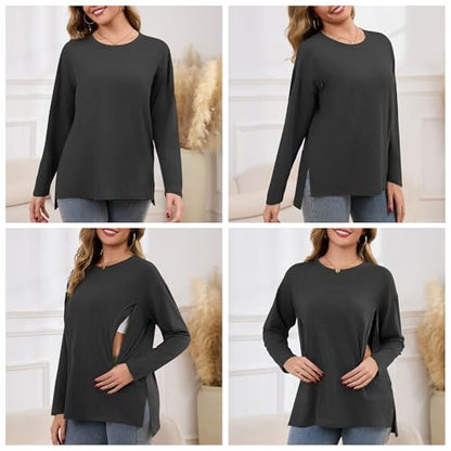 Women's Nursing Shirts Long Sleeve with Hidden Zipper Oversized Breastfeeding Tops Side Split Maternity Blouse - color: Charcoal Gray, size: X-Large