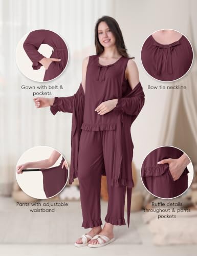 SUNNYBUY 3 PCS Ruffle Maternity Nursing Pajamas Set & Robe for Postpartum - color: Burgundy, size: Small