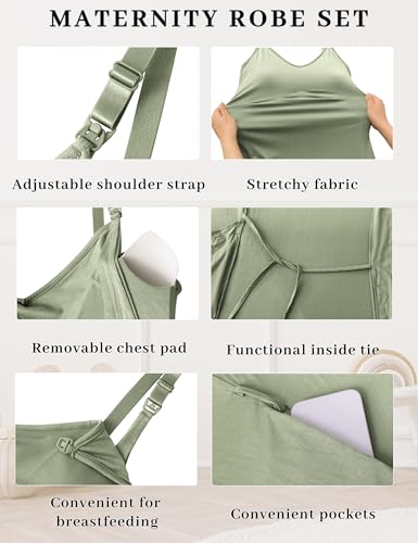 SUNNYBUY Nursing Nightgown & Maternity Robe Set for Postpartum Sleepwear - color: Greyish-green, size: Medium
