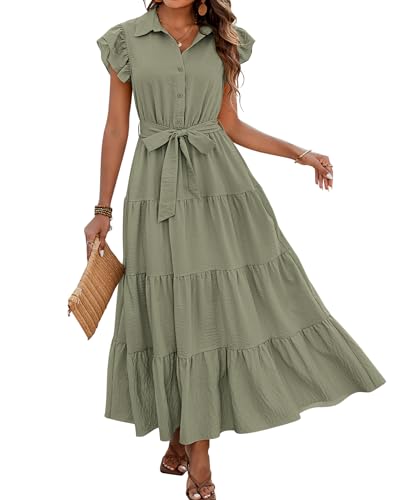 dowerme Women Ruffle Sleeve Button Belted Boho Maxi Dress - color: Grey Green, size: Small