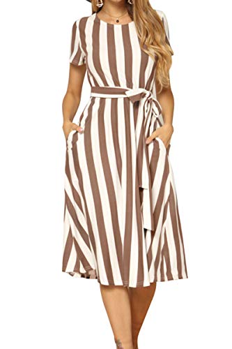 levaca Women's Short Sleeve Striped Casual Flowy Midi Belt Dress with Pockets - size: X-Large