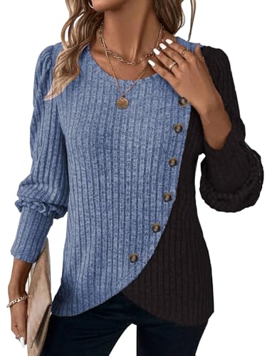 MixShe Womens Knit Sweaters 2026 Fall Winter Casual Long Sleeve Ribbed Colorblock Button Pullover Tops - color: Dusty Blue, size: X-Large
