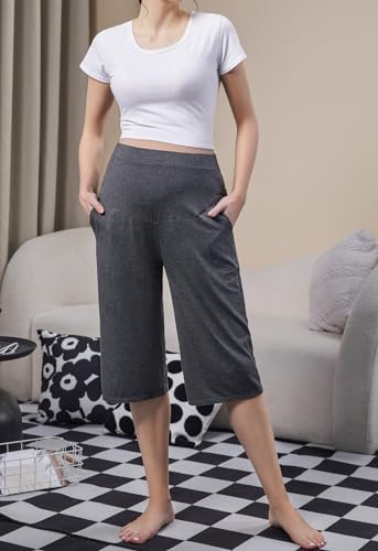 Maternity Lounge Capri Pants, Maternity Cropped Capri Pregnancy, Light Relaxed Soft Touch Trousers with Pockets - color: Grey, size: Medium