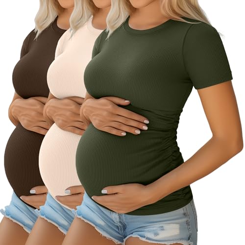 Ficerd 3 Pack Women's Short Sleeve Maternity Shirts - color: Coffee, Apricot, Army Green, size: Small