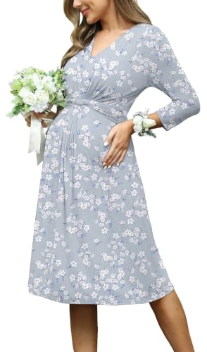 Fall Maternity Midi Dress V Neck 3/4 Sleeve Baby Shower - color: White Flowers, size: Medium