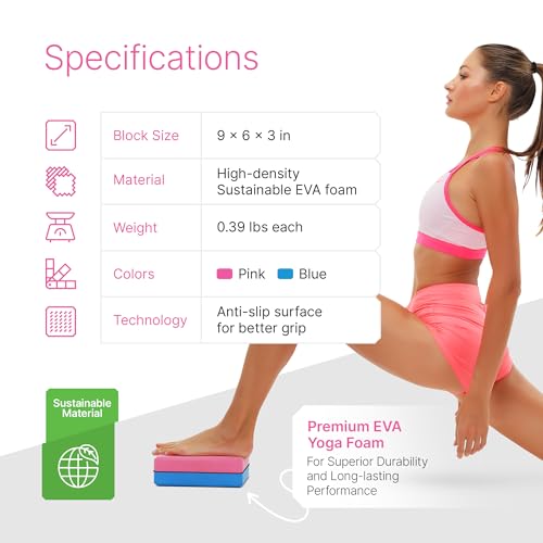 Yoga Blocks 2 Pack with Strap and Guide – Soft Non-Slip EVA Foam Blocks - color: Pink/Blue - Stretch Band Blue