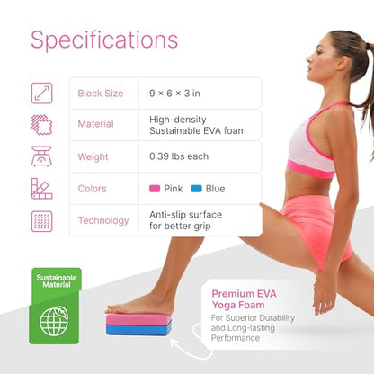Yoga Blocks 2 Pack with Strap and Guide – Soft Non-Slip EVA Foam Blocks - color: Pink/Blue - Stretch Band Blue