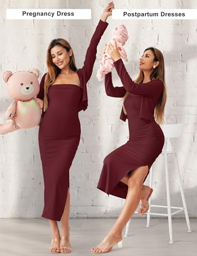 2 Piece Strapless Maternity Dress & Cardigan Set for Baby Shower - color: Burgundy, size: Medium