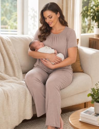 SWOMOG Women 3Pcs Maternity Pajama Set Nursing Pjs Pregnancy Set Breastfeeding Pjs Double Layer with Pockets - color: Ecru, size: Medium