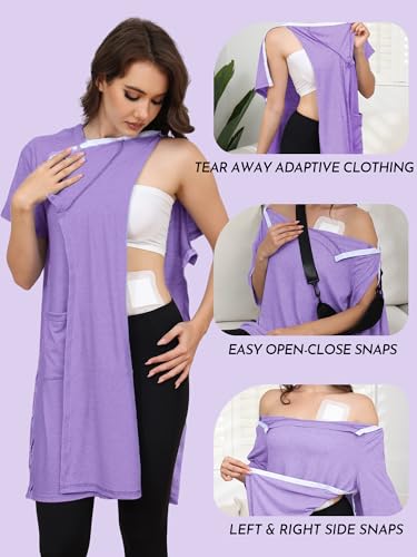 Women's Post Shoulder Surgery Tear Away Dress Short Sleeve Full Open Side Snap Adaptive Clothing with Pockets - color: Purple, size: Medium