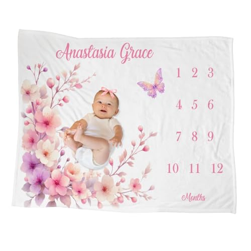 Customized Months Baby Milestone Blanket, Floral Baby Girl Milestone Blanket, Personalized Infant Monthly Growth Tracker, Custom Name Throw, Newborn Photo Prop Gift, Butterfly Decor - color: Floral Baby Girl