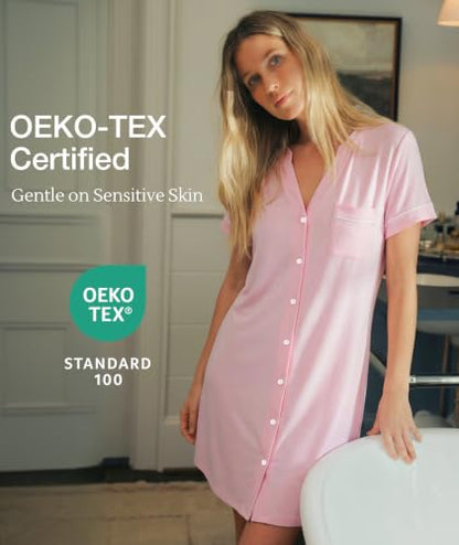 GYS Bamboo Viscose Nightgowns for Women Soft Button Down Sleep Shirt - color: Pink, size: Small