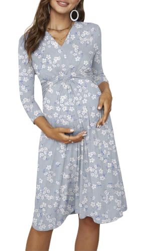 Fall Maternity Midi Dress V Neck 3/4 Sleeve Baby Shower - color: White Flowers, size: X-Large
