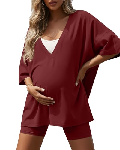 Women's 2 Piece Maternity Oversized Set - color: Wine Red, size: Small