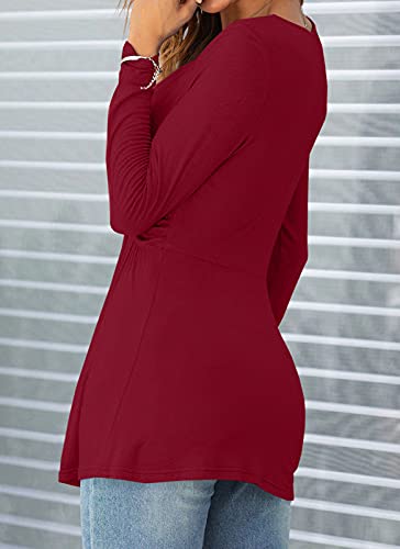 Tankaneo Women V-Neck Front Knotted Tshirt Long Sleeve Oversized Tunic Top - color: B20-wine Red, size: XX-Large