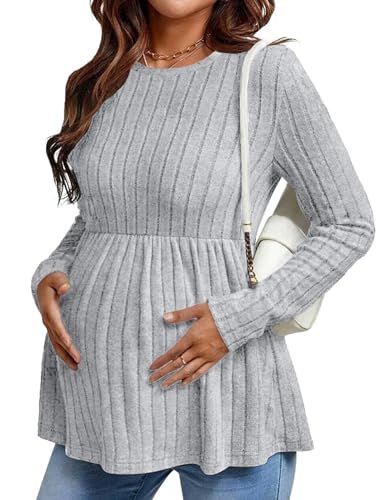 Maternity Shirts Dressy Long Sleeve Pregnancy Fall Tops Work Blouses - color: Light Grey, size: Small