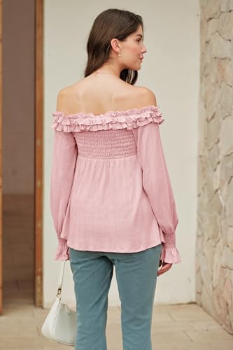 OUGES Womens Cotton Blend Off The Shoulder Maternity Tops Smocked Ruffle Sleeve Blouse Going Out Pregnancy Shirts 2025 - color: Pink, size: Medium