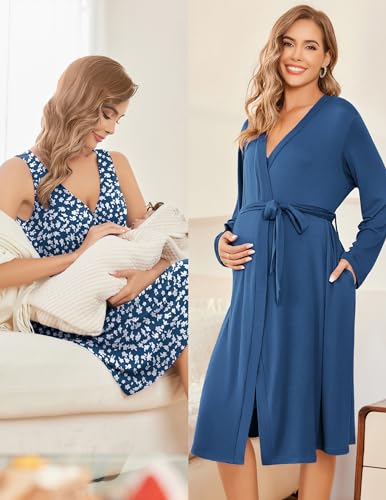 Ekouaer Maternity Nursing Gown and Robe Set Labor Delivery Nightgowns - color: Blue Daisy, size: X-Large