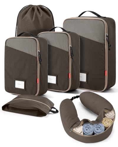 BAGSMART 6 Set Packing Cubes for Travel with Fillable Neck Pillow, Shoe Bag - color: Charcoal Grey