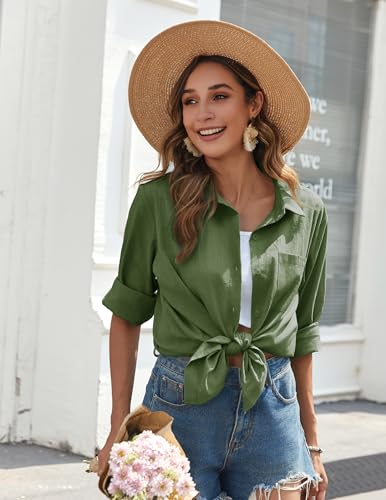 Zeagoo Womens Button Down Shirts Long Sleeve Casual Cotton Gauze Tops - color: Army Green, size: Medium