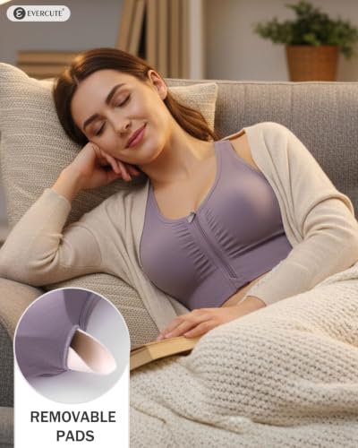Women's Zip Front Post-Surgery Sports Bras, Wireless Padded Mastectomy Bra - color: Black Gray Flesh Purple 4 Pack, size: Medium