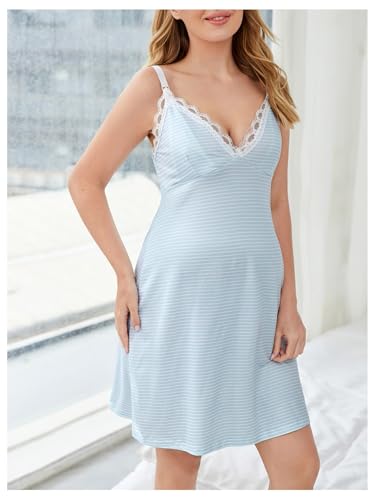 OYOANGLE Women's Striped Maternity Nursing Nightgowns Lace V Neck Pajama - size: Medium