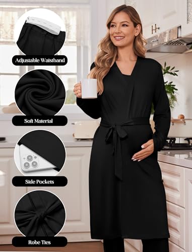 Maternity Sets Labor and Delivery Gown Postpartum Essentials Nursing Pajama - color: Black, size: X-Large