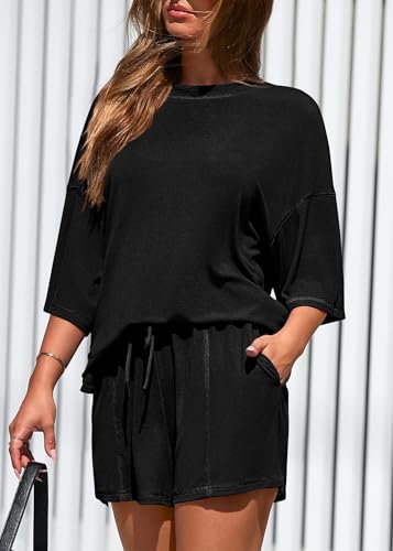 KIRUNDO 2 Piece Sets for Women Summer Lounge Sets Casual - color: Black, size: Large