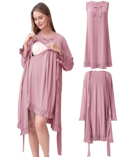 Maternity Nursing Gown & Robe Set, Ruffle Hospital Loungewear - color: Dusty Rose, size: Medium