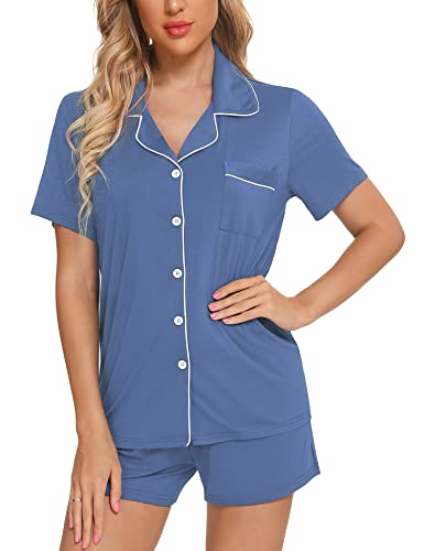 Anjue Womens Pajamas Set Short Sleeve Button Down Soft Pj Sets S-XXL - color: A.blue, size: Medium
