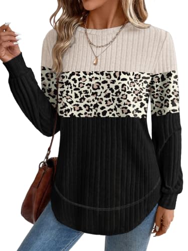 OFEEFAN Womens Sweaters Crew Neck Tunic Tops Long Sleeve Shirts Curved Hem - color: B-leopard Black, size: Medium