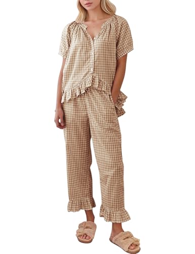 COZYPOIN 100% Cotton Pajamas for Women Set Cute Gingham Lounge Set - color: Brown, size: Small