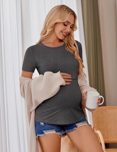 Ekouaer Nursing Tops 3 Pack Short Sleeve Maternity Breastfeeding Shirts - color: 3pcs Black / Dark Grey / Light Grey, size: Medium