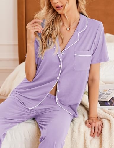 Ekouaer Womens Pajamas Set Short Sleeve Button Down Top & Pants Lounge Pjs - color: Light Purple, size: Small