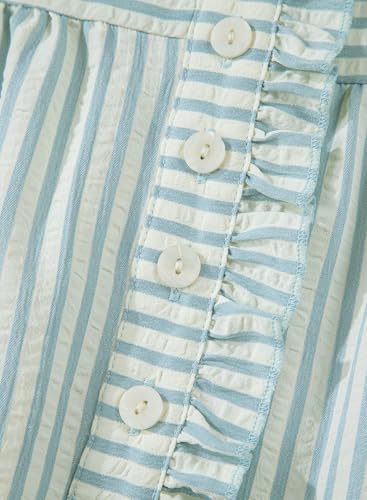 BLENCOT Summer Dresses for Women Puff Sleeve Striped Button Mini Dress - color: White Stripe, size: Large