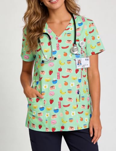 Women's Print Scrub Tops V Neck Short Sleeve Fun Scrubs Shirts - color: Breakfast, size: Medium