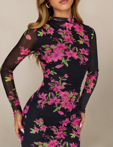 MEROKEETY Womens Fall Long Sleeve Floral Wedding Guest Maxi Dress - color: Black, size: Medium