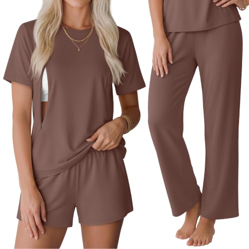 3 Piece Postpartum Nursing Pajamas Set Nursing Lounge Set - color: Coffee, size: Small