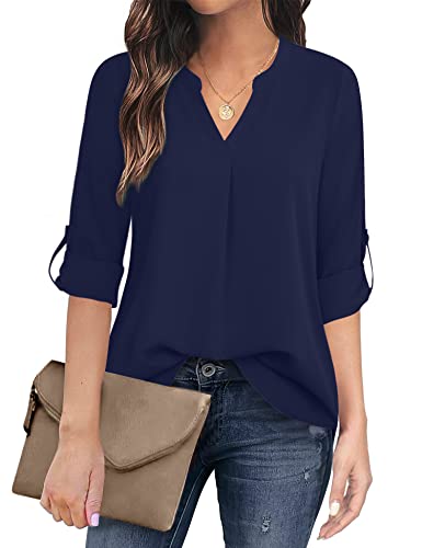 Timeson Women's Casual Chiffon V Neck 3/4 Sleeve Blouse Tops - color: Blue, size: Medium