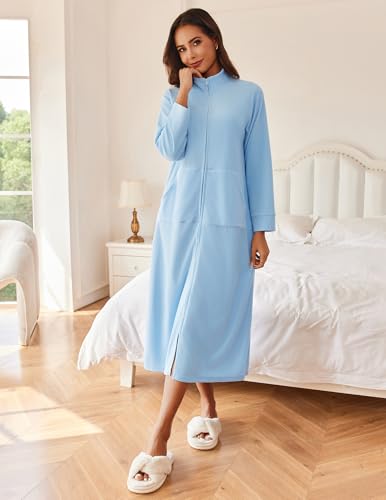 Ekouaer Women Zipper Robe Long Sleeves House Coat Soft Bathrobe Housecoat - color: A-light Blue, size: Medium