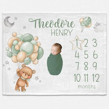 Personalized Milestone Blankets Boy Bear Balloon Baby Milestones Blanket, Milestone Throw's, Bear Boy Neutral Milestone Throw, Lullaby Bear Blanket's - color: Bear Balloon