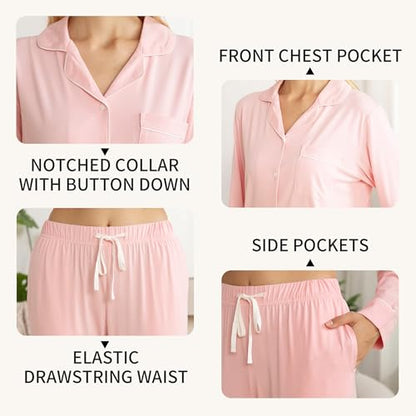 LYCY Cotton Pajamas for Women Set Long Sleeve Lounge Button Up with Pockets - color: Pink, size: X-Large