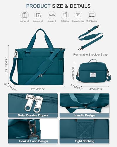 Weekender Bags for Women, Carry On Travel Duffle Bag with Shoe Compartment - color: A- Peacock Blue