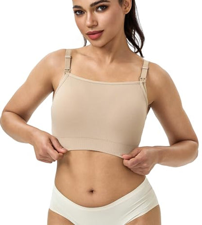 Suekaphin Square Neck Nursing Bra for Pregnancy Women Maternity Pull-On Breastfeeding Bra Fixed Cups - color: Black/Beige/Pink, size: Medium