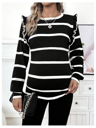 BEAUDRM Women's Maternity Sweater Striped Pattern Round Neck Long Sleeve Ruffle Tops - color: Black, size: X-Large