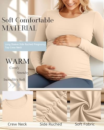 Huukeay 4 Pack Women's Maternity T-Shirts Long Sleeve Shirts - color: Black, Coffee, Khaki, Apricot, size: Small