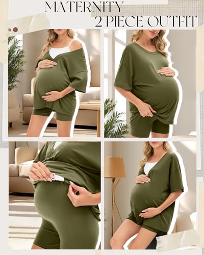 Women's 2 Piece Maternity Oversized Set - color: Olive Green, size: Small