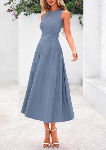 PRETTYGARDEN Women's Summer Pleated Midi Work Dress - color: Blue Grey, size: Large